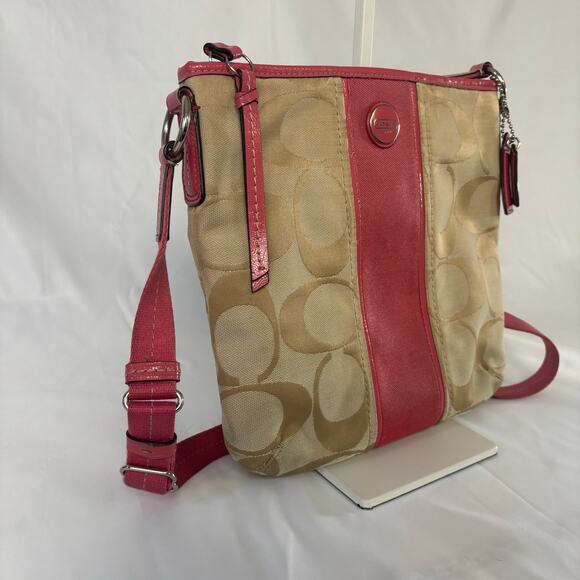 Coach Signature Stripe Duffle Crossbody Bag Khaki Jacquard Pink Patent Leather - Picture 4 of 12